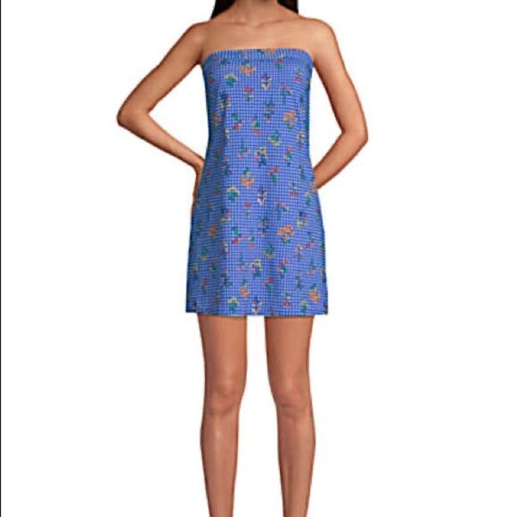 Land’s End Bandeau Dresskini electric blue botanical check top 6 - Picture 2 of 5